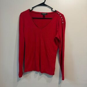 Lauren Ralph Lauren Womens Red V-Neck Long Sleeve Button Shoulder Cotton Top M